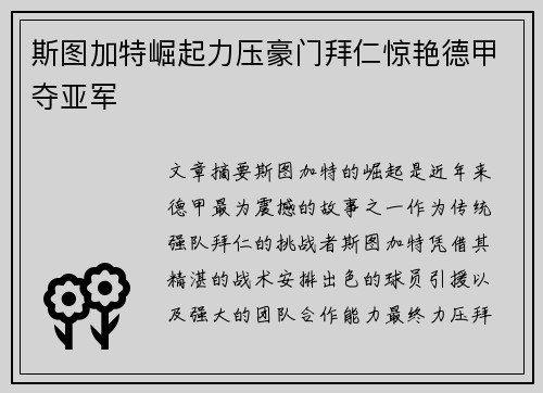 斯图加特崛起力压豪门拜仁惊艳德甲夺亚军